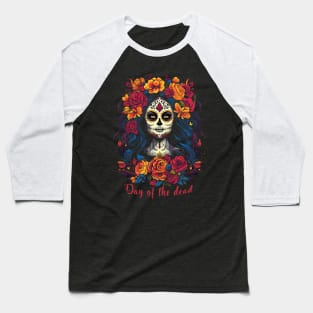 Day of the dead; el Día de Muertos; Mexico; Mexican; sugar skull; beautiful; woman; colorful; bright colors; black shirt; skeleton; celebration; celebrate; party; fiesta; halloween; dark; skull; Baseball T-Shirt